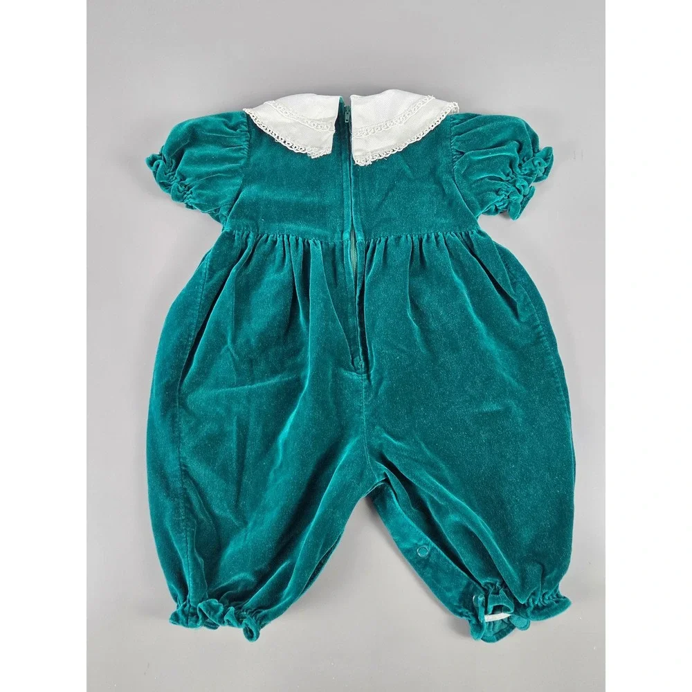 Vintage Green Velvet Baby Bubble Romper Lace Collar Floral Smocking 6 Mos